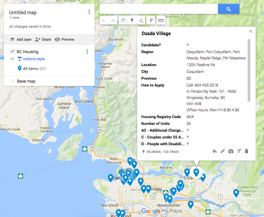 Markers plotted on a map, all looking alike.